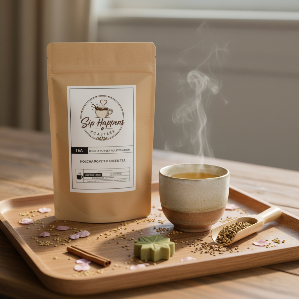 Earthy roasted Hojicha tea latte with microfoam and toasty caramel sweetness