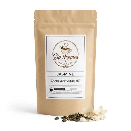 Stand-up pouch of Sip Happens Roasters Jasmine Loose Leaf Green Tea, shown on a white background with a few loose tea leaves and white jasmine flowers in front.