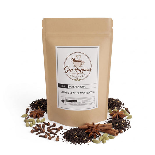 stand-up pouch of Sip Happens Roasters Masala Chai tea, surrounded by loose leaf spices including star anise, cinnamon, cloves, and cardamom on a white background.