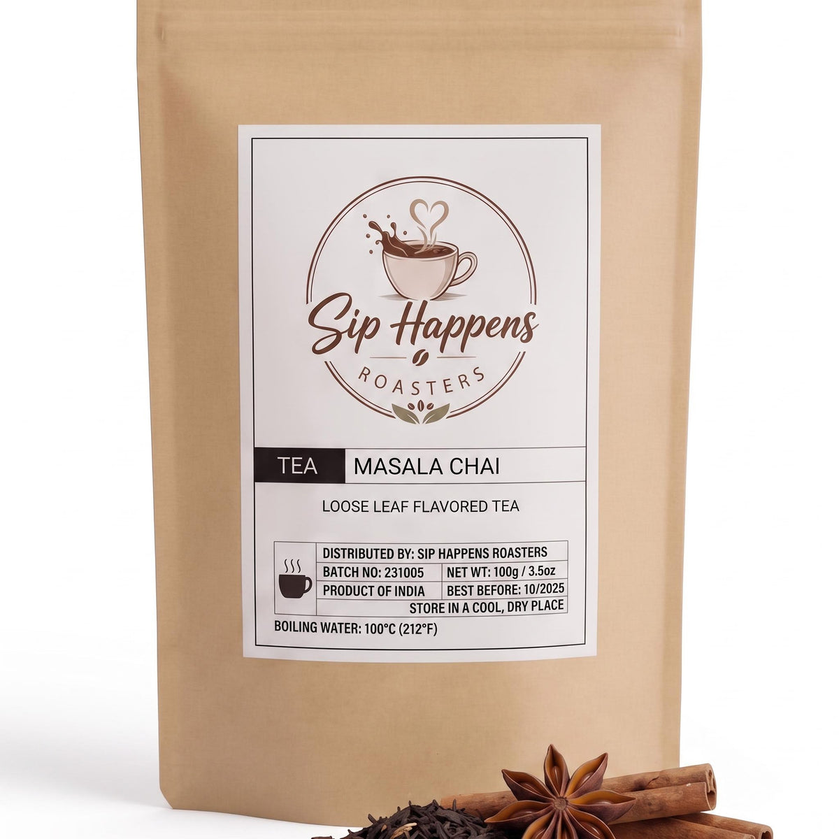 Pouch of Sip Happens Roasters Masala Chai tea, displayed upright with whole spices (cinnamon, star anise, and loose leaves) in front on a white background.