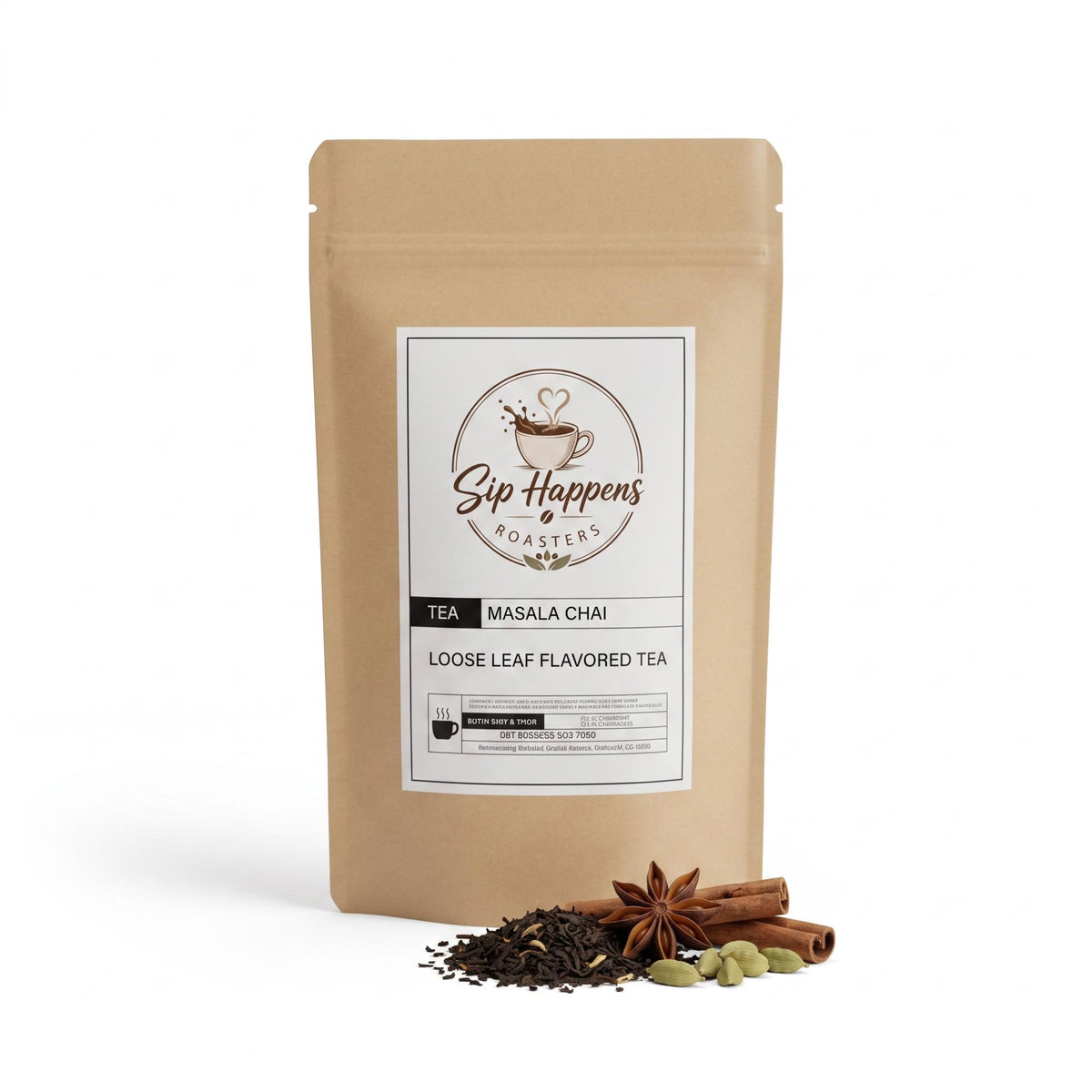 stand-up pouch of Sip Happens Roasters Masala Chai loose leaf tea, displayed on a white background with tea ingredients (cinnamon, star anise, cardamom) in front.