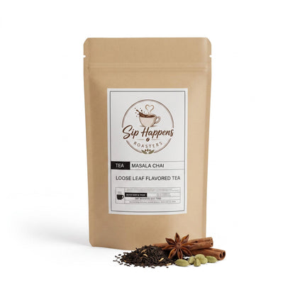 stand-up pouch of Sip Happens Roasters Masala Chai loose leaf tea, displayed on a white background with tea ingredients (cinnamon, star anise, cardamom) in front.