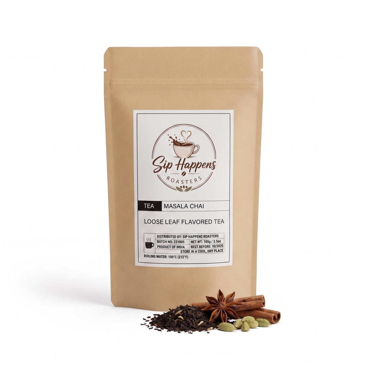 stand-up pouch of Sip Happens Roasters Masala Chai loose leaf tea, displayed on a white background with tea ingredients like star anise, cinnamon, and cardamom in front.