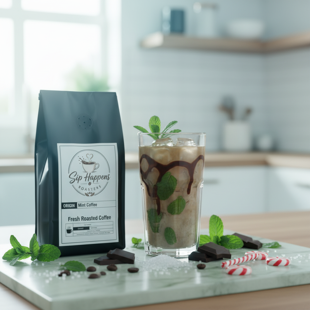 A bag of Sip Happens Coffee Fresh Roasted Coffee Mint Coffee stands on a marble board next to an iced coffee drink with mint leaves, chocolate drizzle, ice, and chocolate pieces in a bright kitchen setting.
