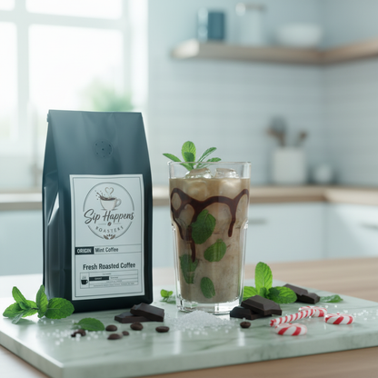A bag of Sip Happens Coffee Fresh Roasted Coffee Mint Coffee stands on a marble board next to an iced coffee drink with mint leaves, chocolate drizzle, ice, and chocolate pieces in a bright kitchen setting.