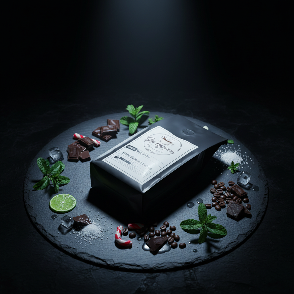 A black bag of Sip Happens Rosters Mint Coffee is displayed on a dark slate platter surrounded by coffee beans, chocolate pieces, mint leaves, ice, and a lime slice against a dark background.