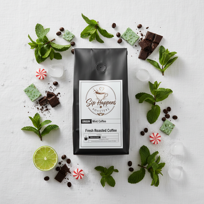 A black bag of Sip Happens Coffee Fresh Roasted Mint Flavored, is displayed in a flat-lay arrangement on a white textured background, surrounded by mint leaves, chocolate pieces, lime slices, candy canes, and ice cubes.