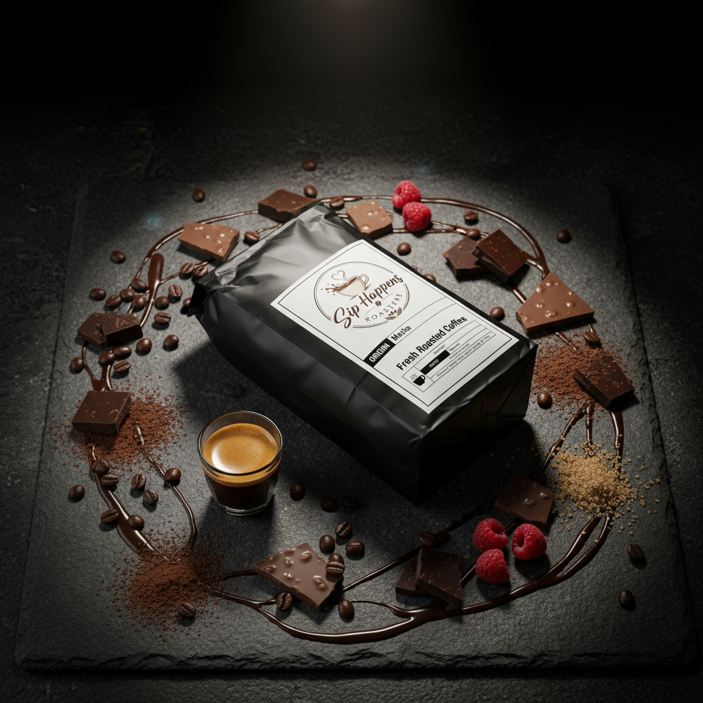 A bag of Sip Happens Roasters Fresh Roasted Coffee lies on a dark slate board, surrounded by chocolate pieces, coffee beans, cocoa powder, and a small glass of espresso.