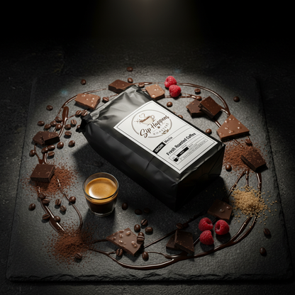 A bag of Sip Happens Roasters Fresh Roasted Coffee lies on a dark slate board, surrounded by chocolate pieces, coffee beans, cocoa powder, and a small glass of espresso.