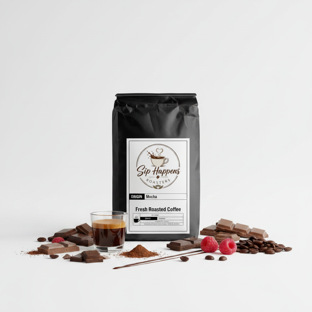 A black bag of Sip Happens Roasters Fresh Roasted Coffee Mocha on a white background, surrounded by coffee beans, chocolate pieces, cocoa powder, and two raspberries. A small glass of espresso is placed in front of the bag.