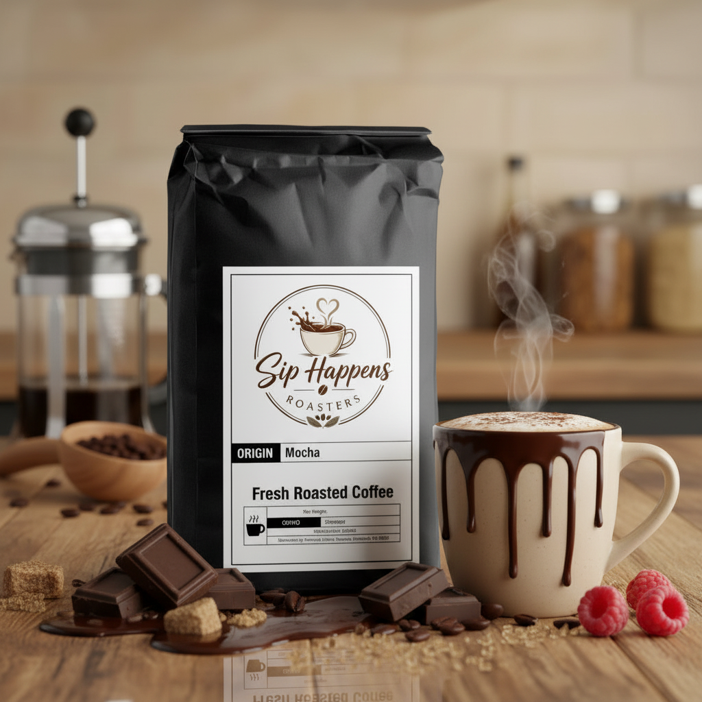 A black bag of Sip Happens Roasters Fresh Roasted Coffee Mocha stands on a wooden table, surrounded by chocolate pieces, sugar, and a steaming coffee mug with chocolate drizzle. A blurred kitchen scene with jars and a French press appears in the background.