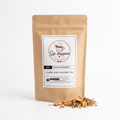 Sip Happens Peach Paradise loose leaf peach black tea blend 3 oz stand-up pouch