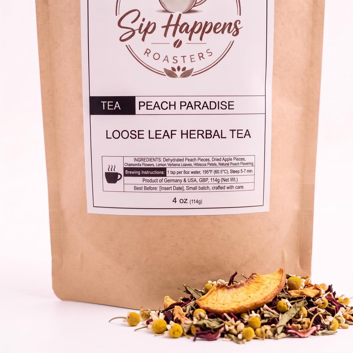 Peach Paradise black tea pouch label with 195 degree brewing instructions
