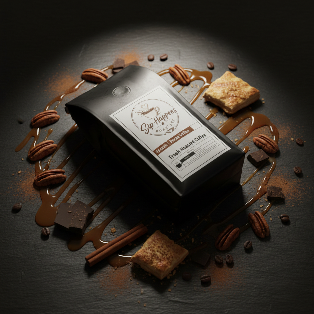 A black bag of Sip Happens Artisan Pecan Pie Coffee, styled on a dark surface with chocolate drizzle, pecans, cinnamon sticks, and cookie pieces.