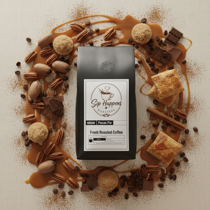 A bag of Sip Happens Roasters Pecan Pie fresh roasted coffee sits centered on a textured cream background, surrounded by a decorative flat-lay arrangement of caramel drizzle, pecans, chocolate pieces, cinnamon sticks, and pie crust squares.