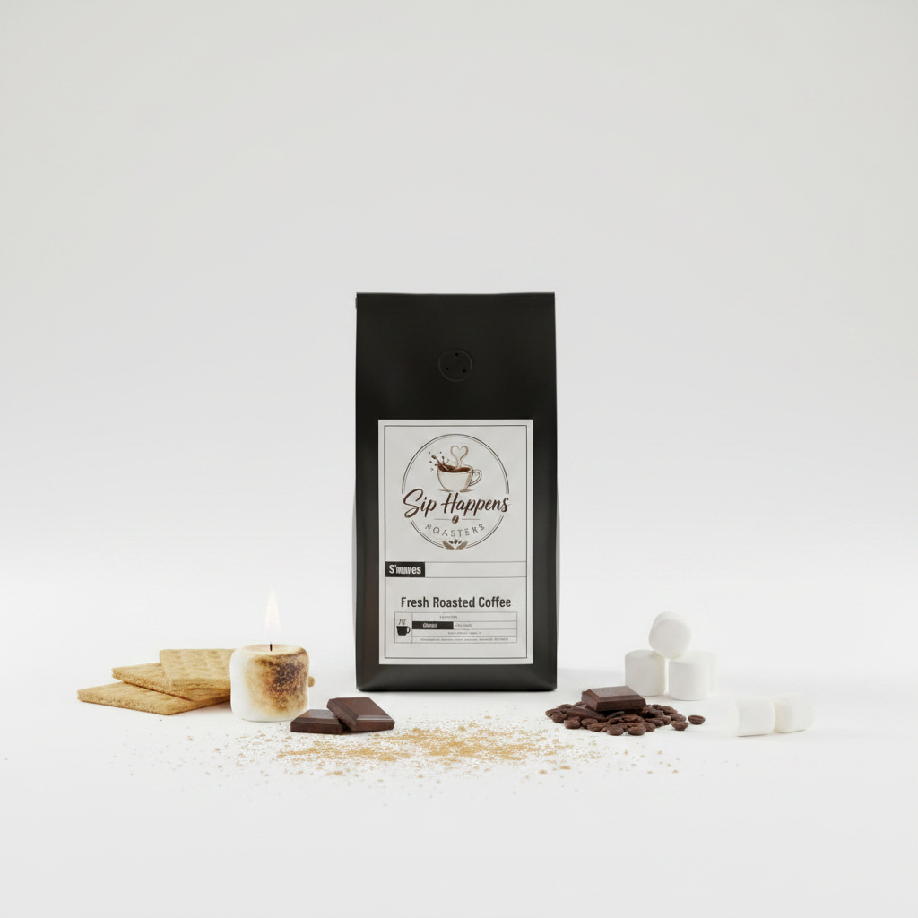 A black bag of Sip Happens Coffee Fresh Roasted Coffee stands centered on a white studio background, surrounded by s'mores-themed props including graham crackers, a small candle, chocolate pieces, cocoa powder, and marshmallows.