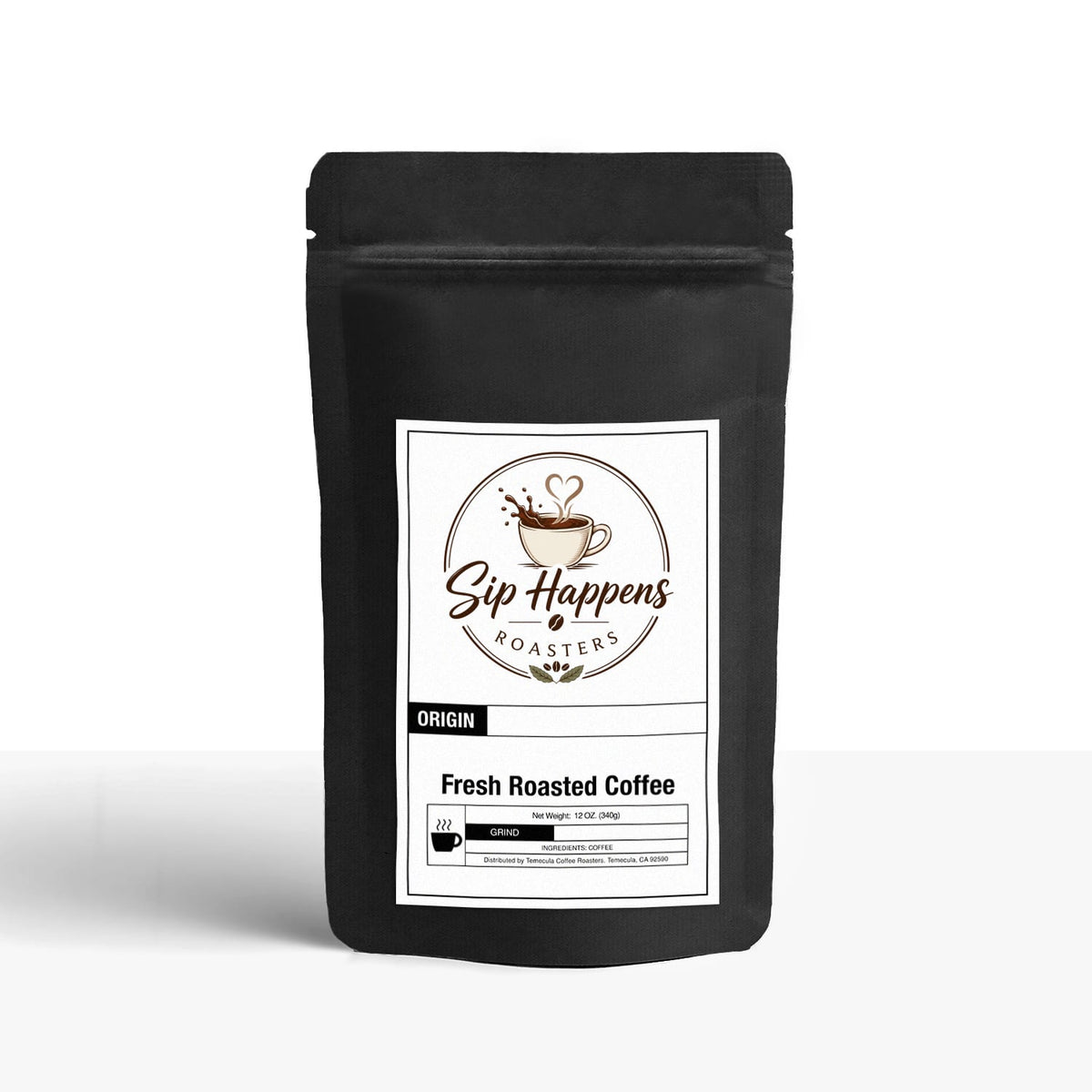 Black bag of Sip Happens Roasters Signature House Blend Coffee Beans (Medium Roast)