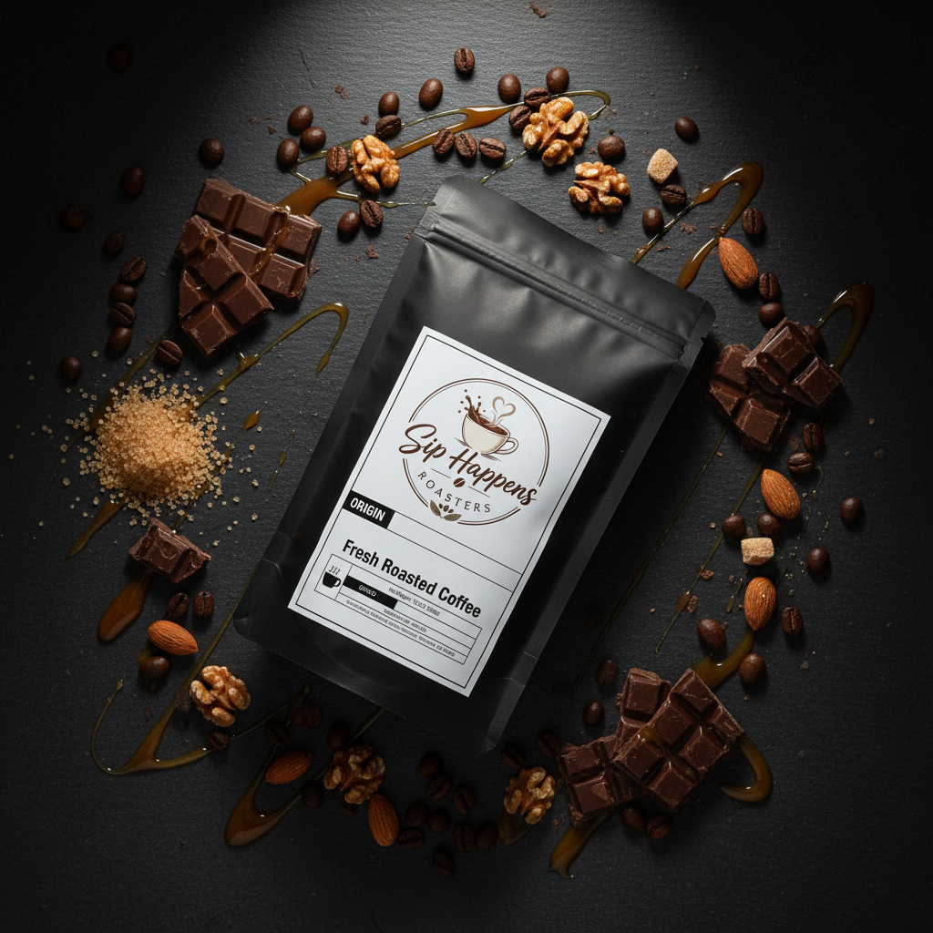 A black stand-up pouch of Sip Happens Roasters is arranged on a dark surface with scattered coffee beans, chocolate pieces, walnuts, and caramel drizzle around it.