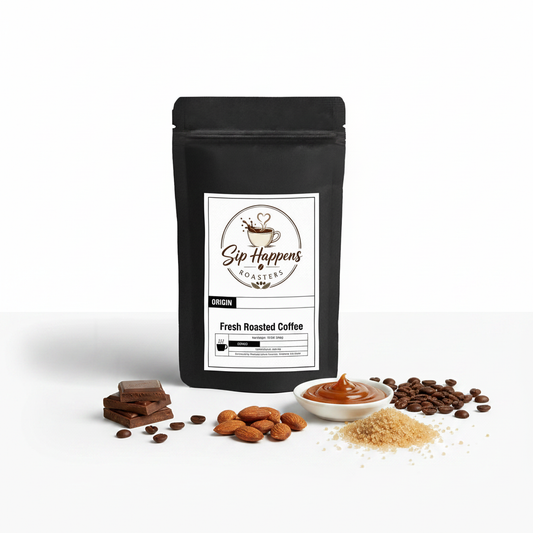 A black stand-up pouch of Sip Happens Roasters Organic Fresh Roasted Coffee stands on a white background, surrounded by coffee beans, almonds, brown sugar, and chocolate pieces.