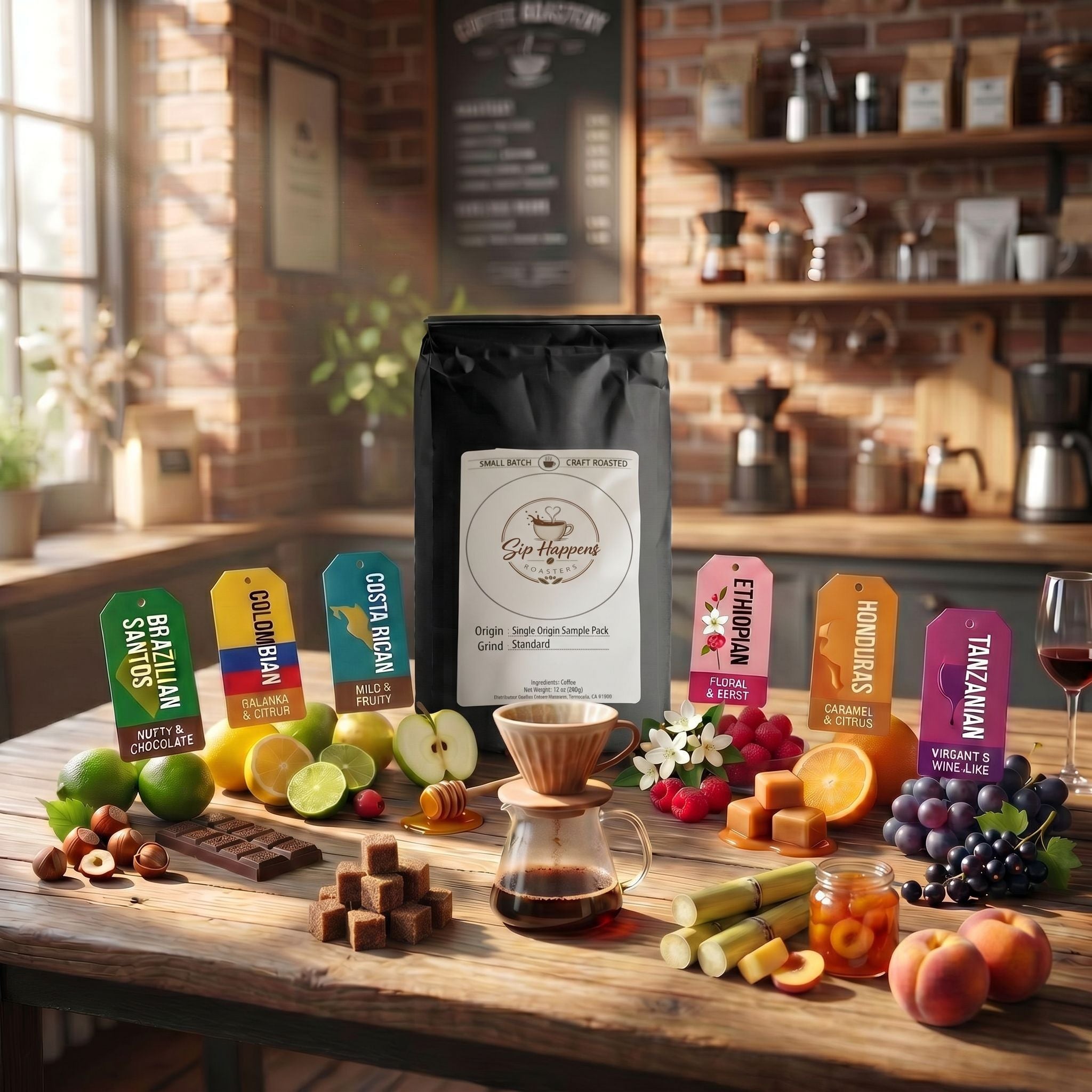 Single Origin Sample Pack Brazilian Santos, Colombian, Costa Rican, Ethiopian, Honduras and Tanzanian