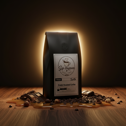 A black coffee bag of Sip Happens Coffee stands on a wooden surface with scattered coffee beans, chocolate pieces, and caramel drizzle around it. The background is dark with a warm glow behind the bag.