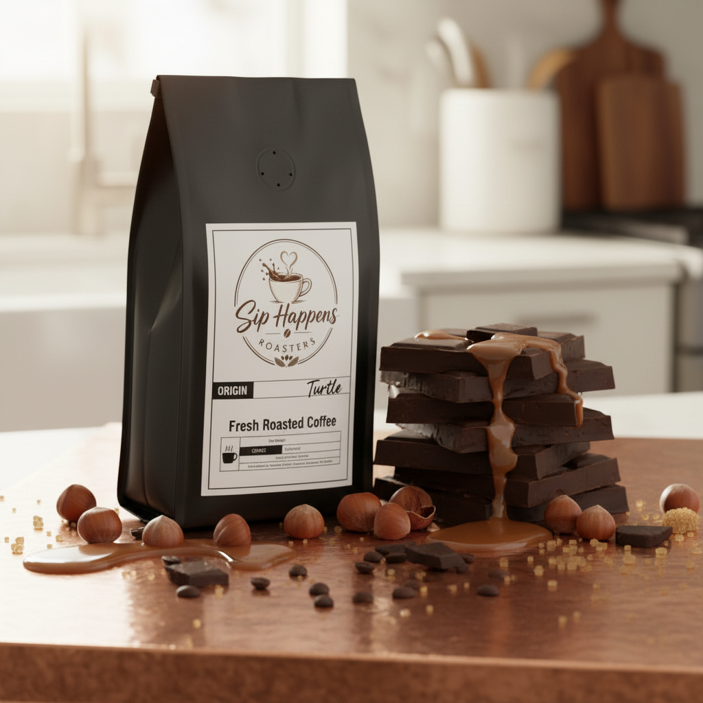 A bag of Sip Happens Roasters Turtle Fresh Roasted Coffee stands on a wooden countertop beside a stack of chocolate-covered coffee beans, with coffee beans and caramel scattered around in a softly blurred kitchen setting.