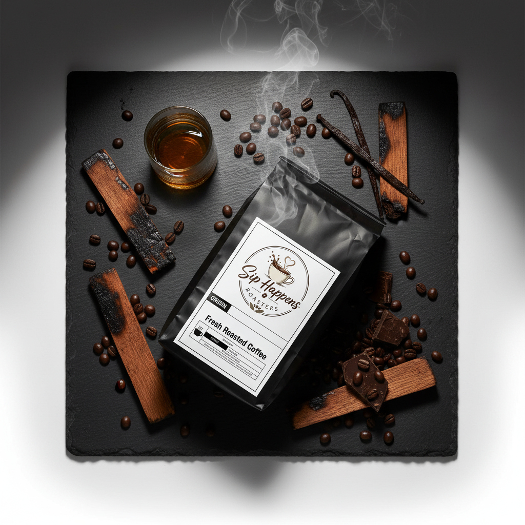 A bag of Sip Happens Roasters Whiskey Barrel Aged Coffee (Guatemala Single Origin) sits on a dark slate board, surrounded by roasted coffee beans, vanilla beans, cinnamon sticks, chocolate pieces, and a small glass of brewed coffee with rising steam.