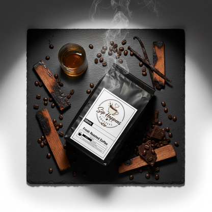 A bag of Sip Happens Roasters Whiskey Barrel Aged Coffee (Guatemala Single Origin) sits on a dark slate board, surrounded by roasted coffee beans, vanilla beans, cinnamon sticks, chocolate pieces, and a small glass of brewed coffee with rising steam.