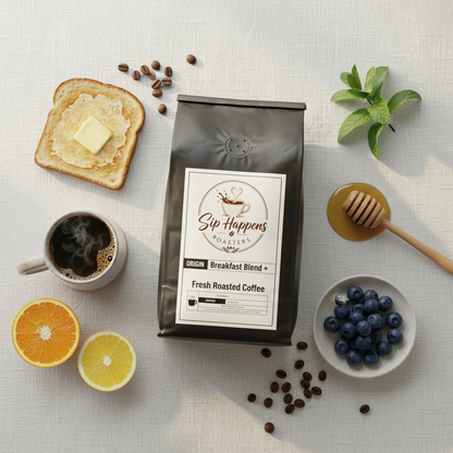 A bag of Sip Happens Roasters Breakfast Blend coffee is styled in a flat lay on a white textured cloth, surrounded by a cup of black coffee, toast with butter, blueberries, orange and lemon slices, honey, and mint.