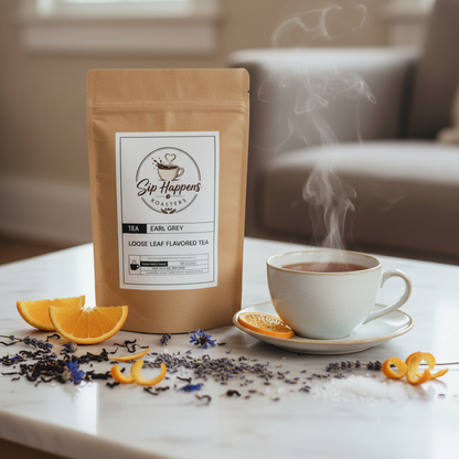 Sip Happens Earl Grey loose leaf black tea with orange slice